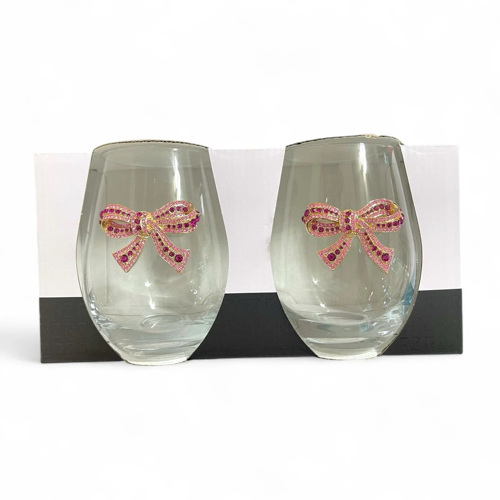 Rachel Zoe 4pc Pink Bow Jeweled Rhinestone 19 Oz Stemless Wine Glass Holiday - Trendiez U ♥ 