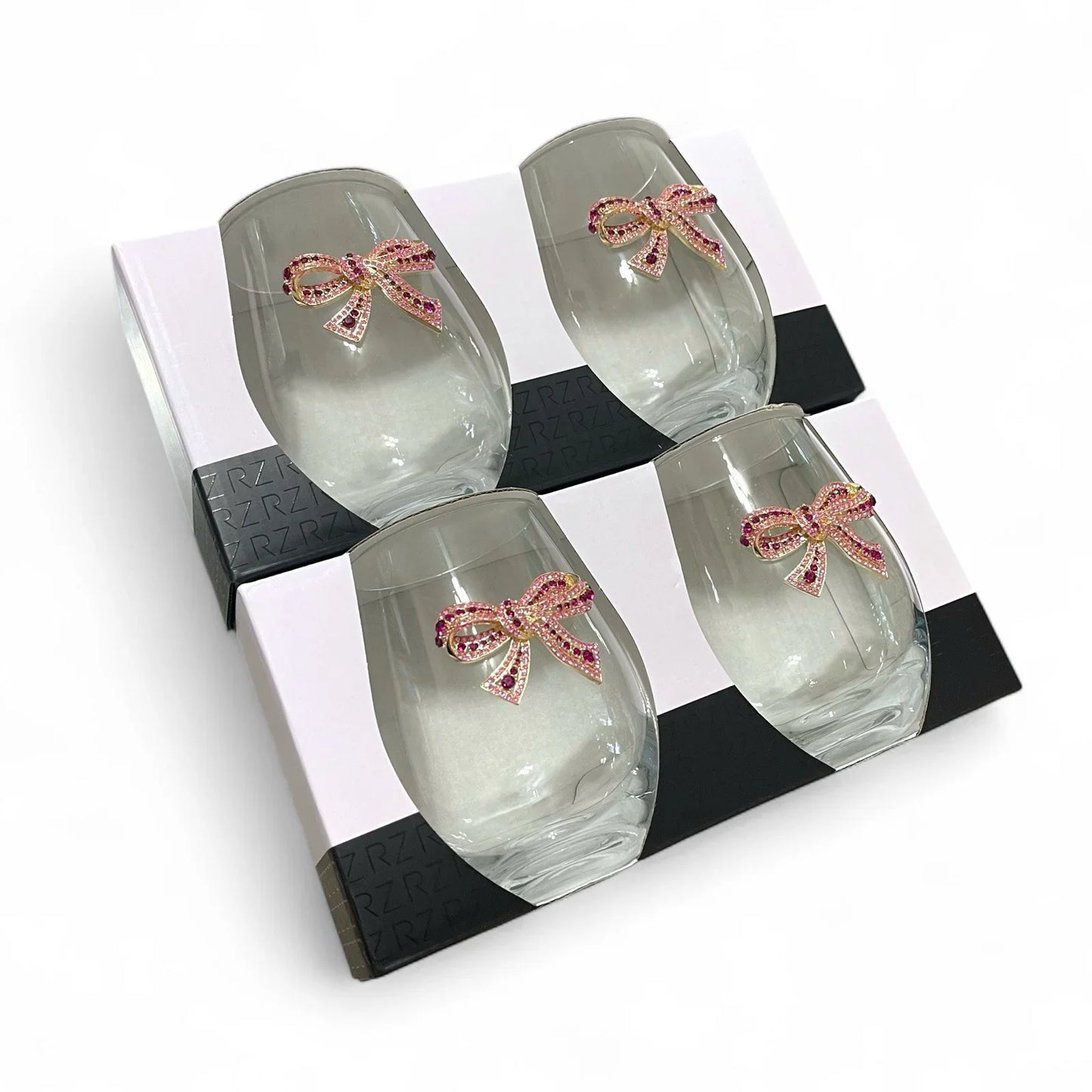 Rachel Zoe 4pc Pink Bow Jeweled Rhinestone 19 Oz Stemless Wine Glass Holiday - Trendiez U ♥ 
