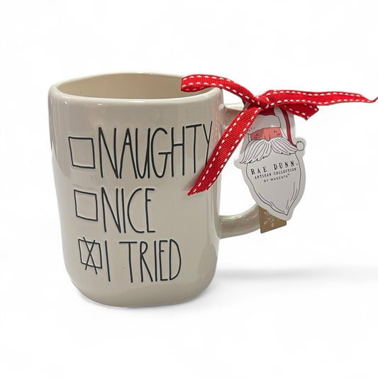 Rae Dunn Christmas Mug - Naughty, Nice, I Tried - Embossed - Trendiez U ♥ 