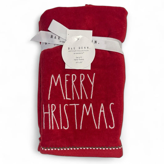 Rae Dunn Merry Christmas Hand Towel Set 2pc Red Embroidered Cotton Velour NEW - Trendiez U ♥ 