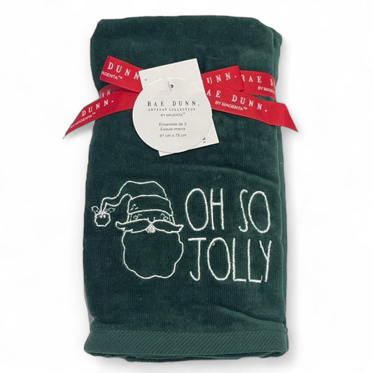 Rae Dunn “Oh So Jolly” Hand Towel Set 2pc Green Embroidered Cotton Velour NEW - Trendiez U ♥ 