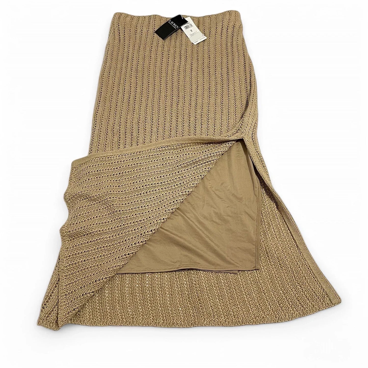 Ralph Lauren Tan Crochet Midi Skirt 100% Linen Side Slit Spring Summer Boho Sz S - Trendiez U ♥ 