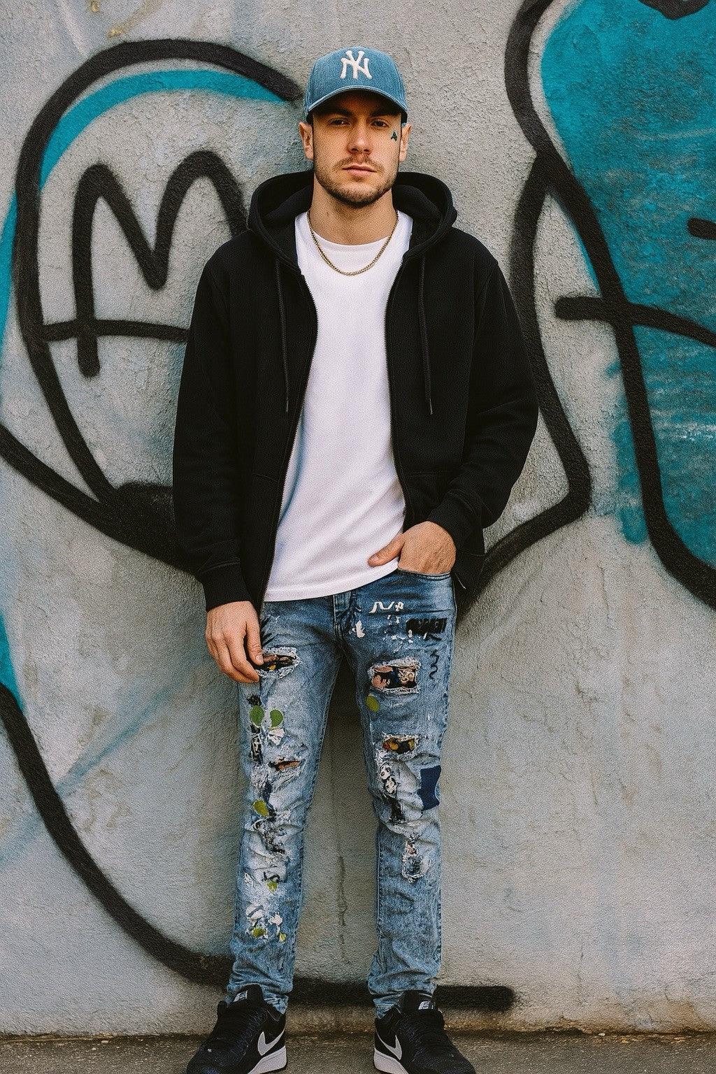 Reason Clothing Men’s Popeye Streetwear Jeans – Acid Wash Skinny Fit 34x32 - Trendiez U ♥ 