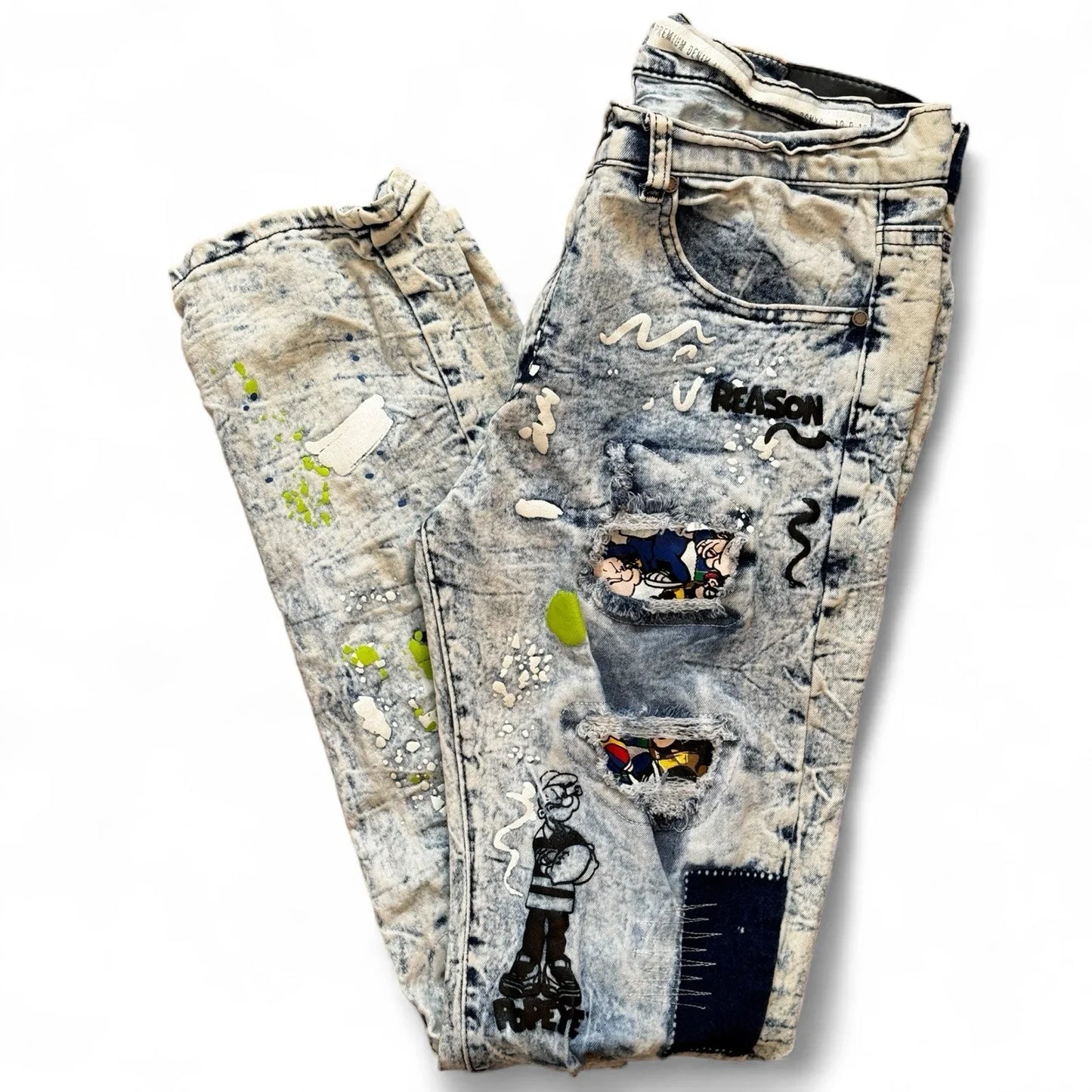Reason Clothing Men’s Popeye Streetwear Jeans – Acid Wash Skinny Fit 34x32 - Trendiez U ♥ 
