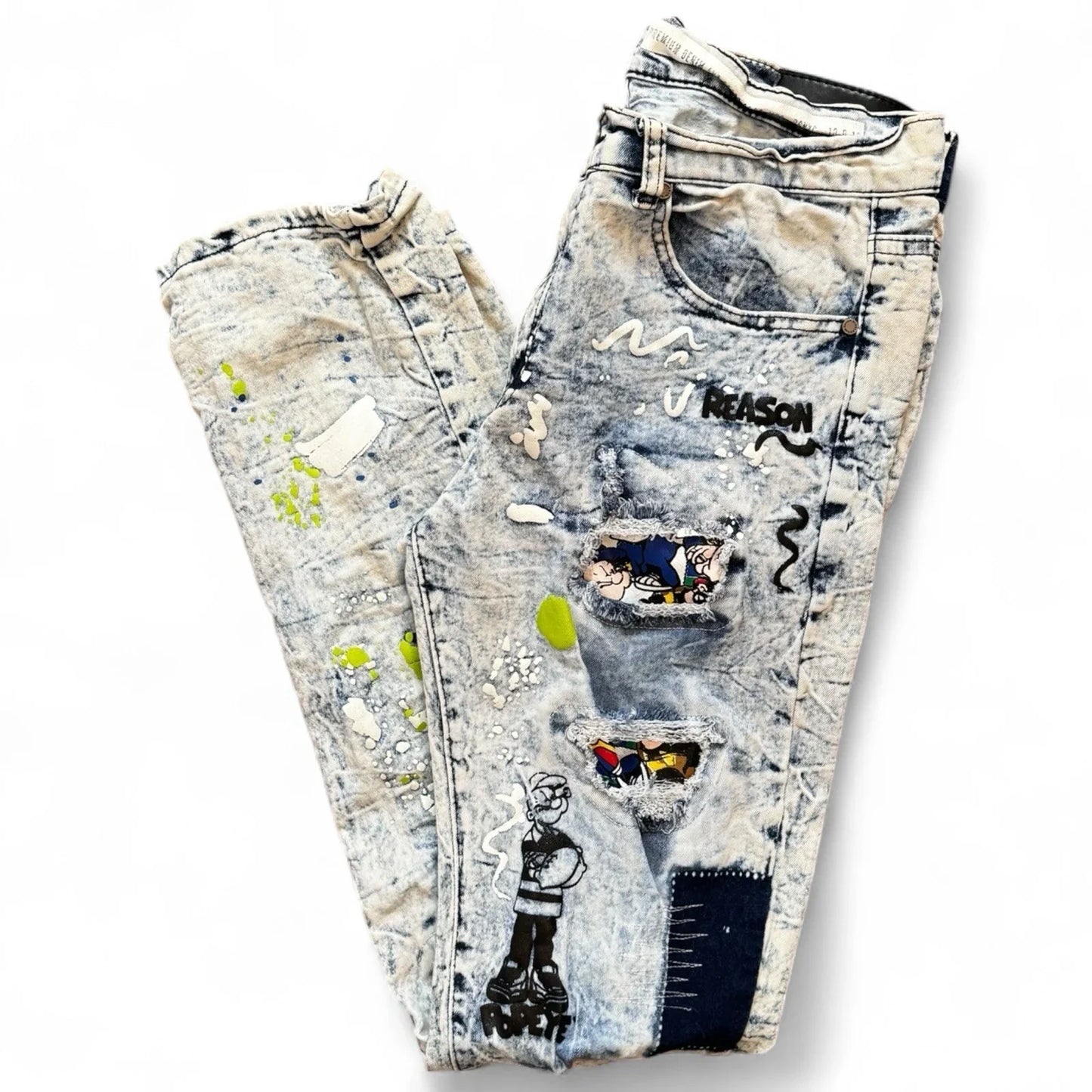 Reason Clothing Men’s Popeye Streetwear Jeans – Acid Wash Skinny Fit 34x32 - Trendiez U ♥ 