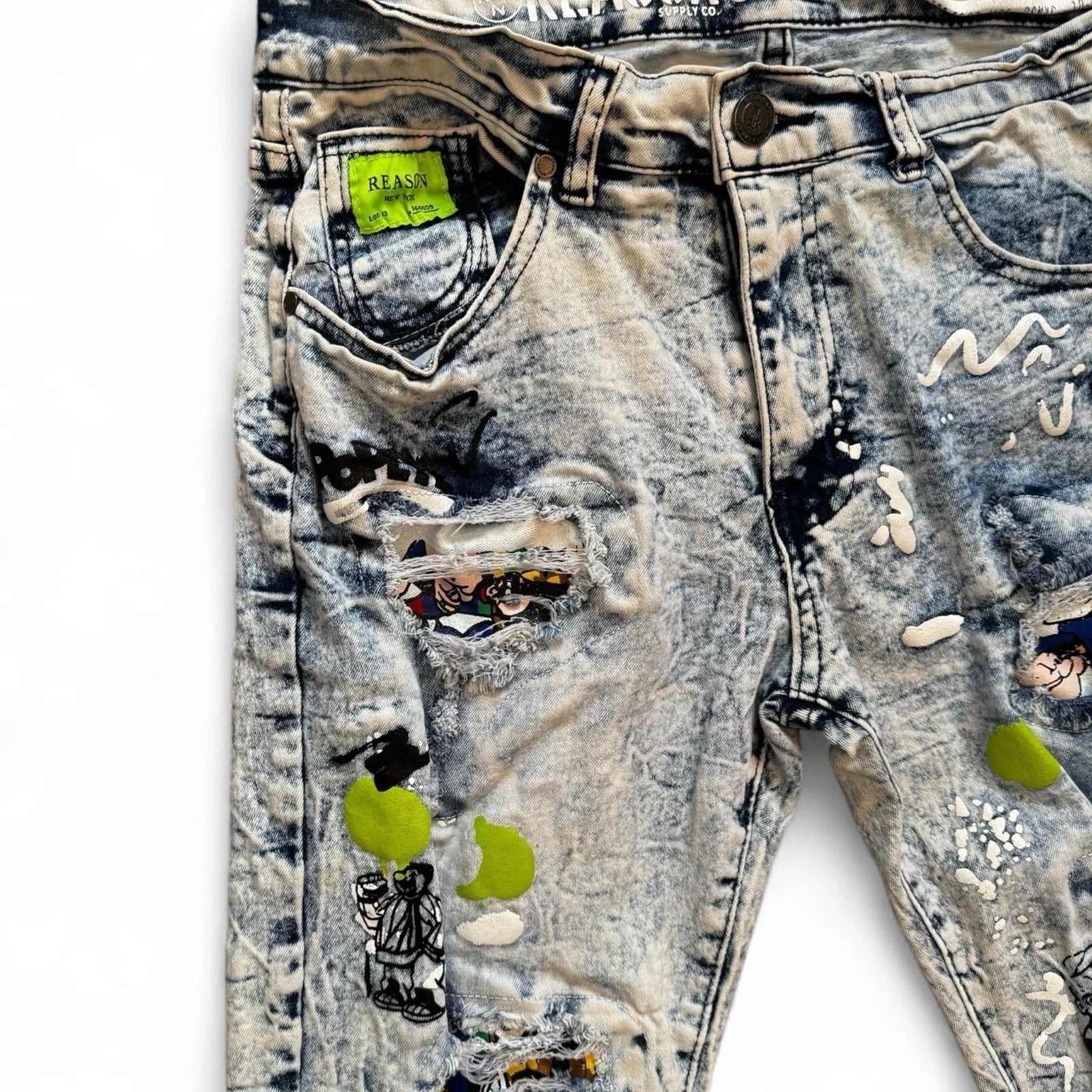 Reason Clothing Men’s Popeye Streetwear Jeans – Acid Wash Skinny Fit 34x32 - Trendiez U ♥ 