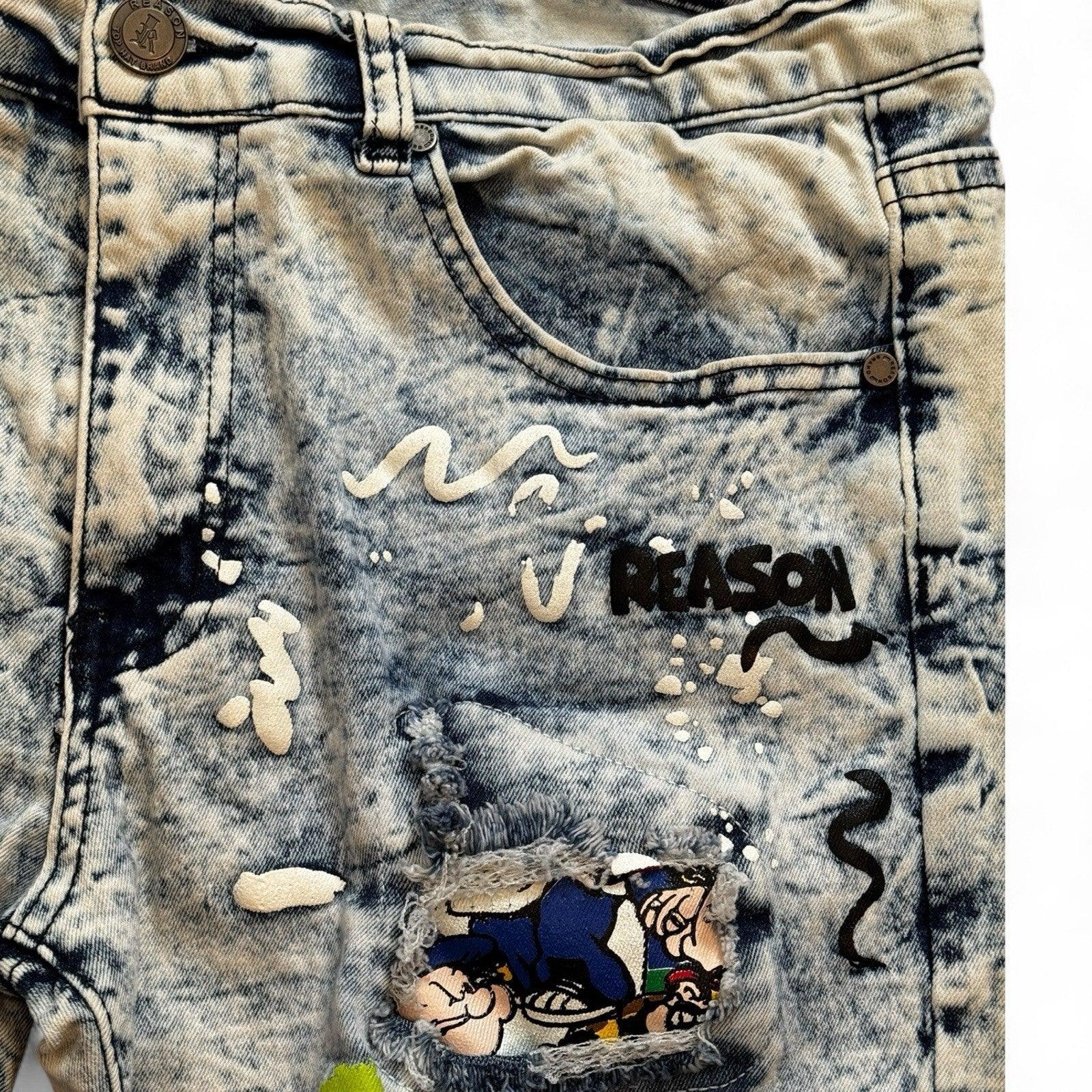 Reason Clothing Men’s Popeye Streetwear Jeans – Acid Wash Skinny Fit 34x32 - Trendiez U ♥ 