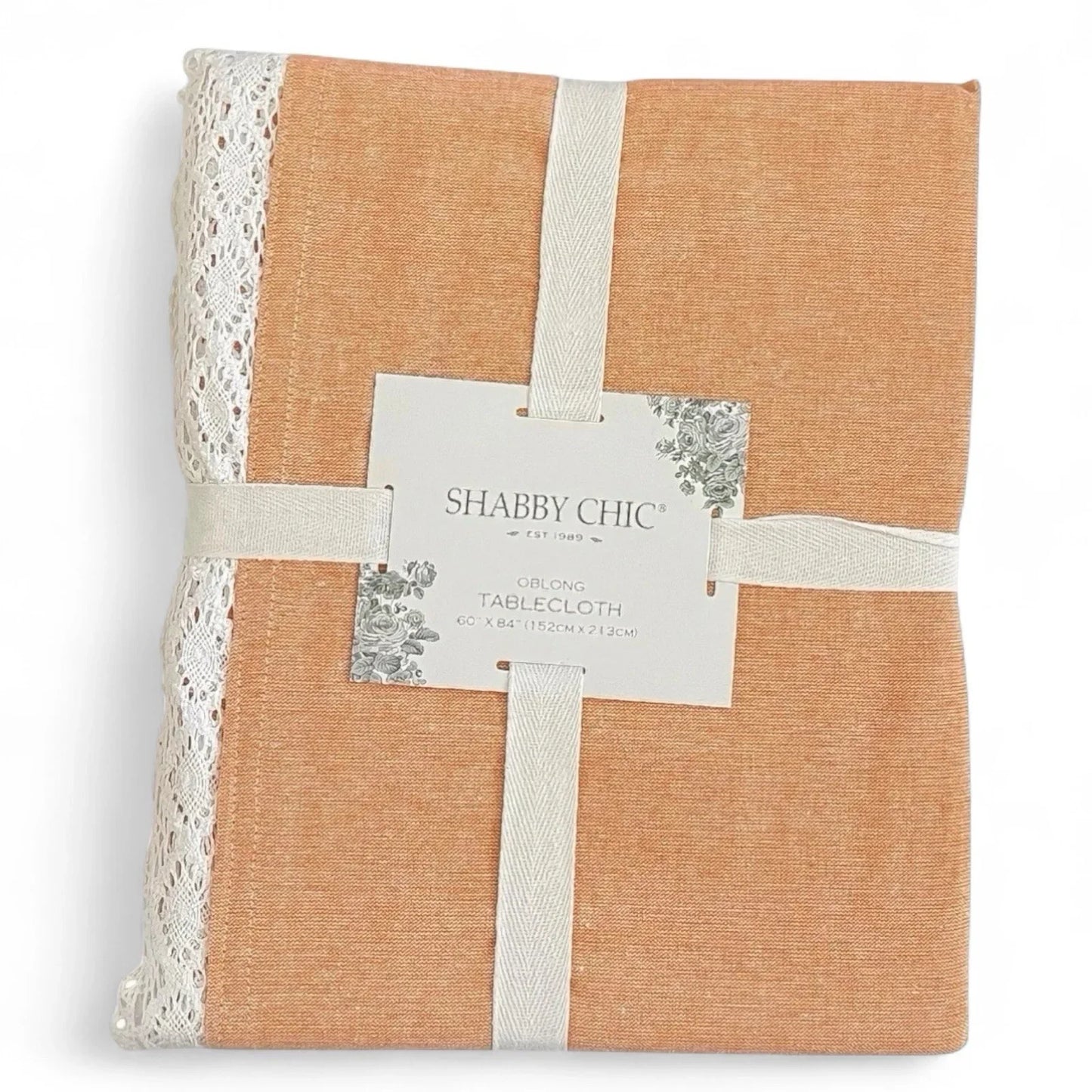 Shabby Chic Oblong Tablecloth 60x84 Peachy Vintage White Lace Trim 100% Cotton - Trendiez U ♥ 