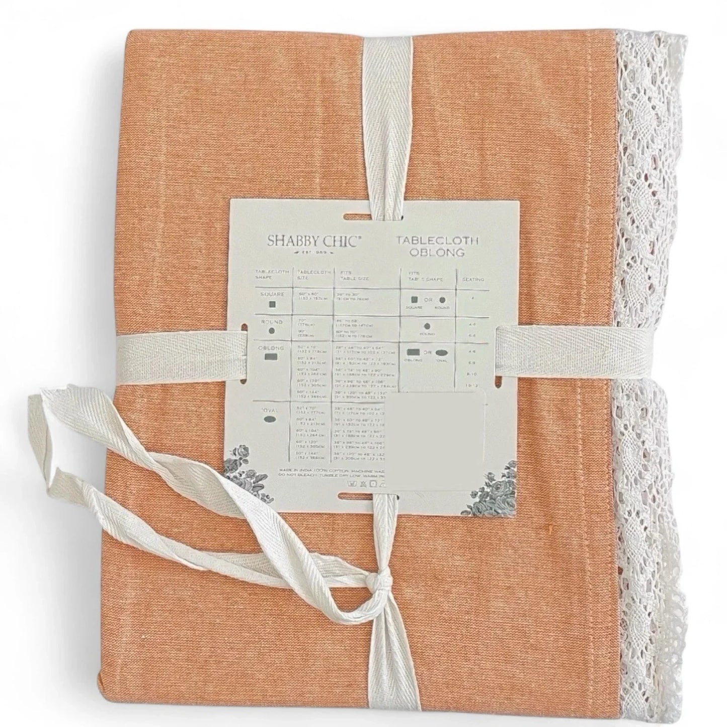 Shabby Chic Oblong Tablecloth 60x84 Peachy Vintage White Lace Trim 100% Cotton - Trendiez U ♥ 