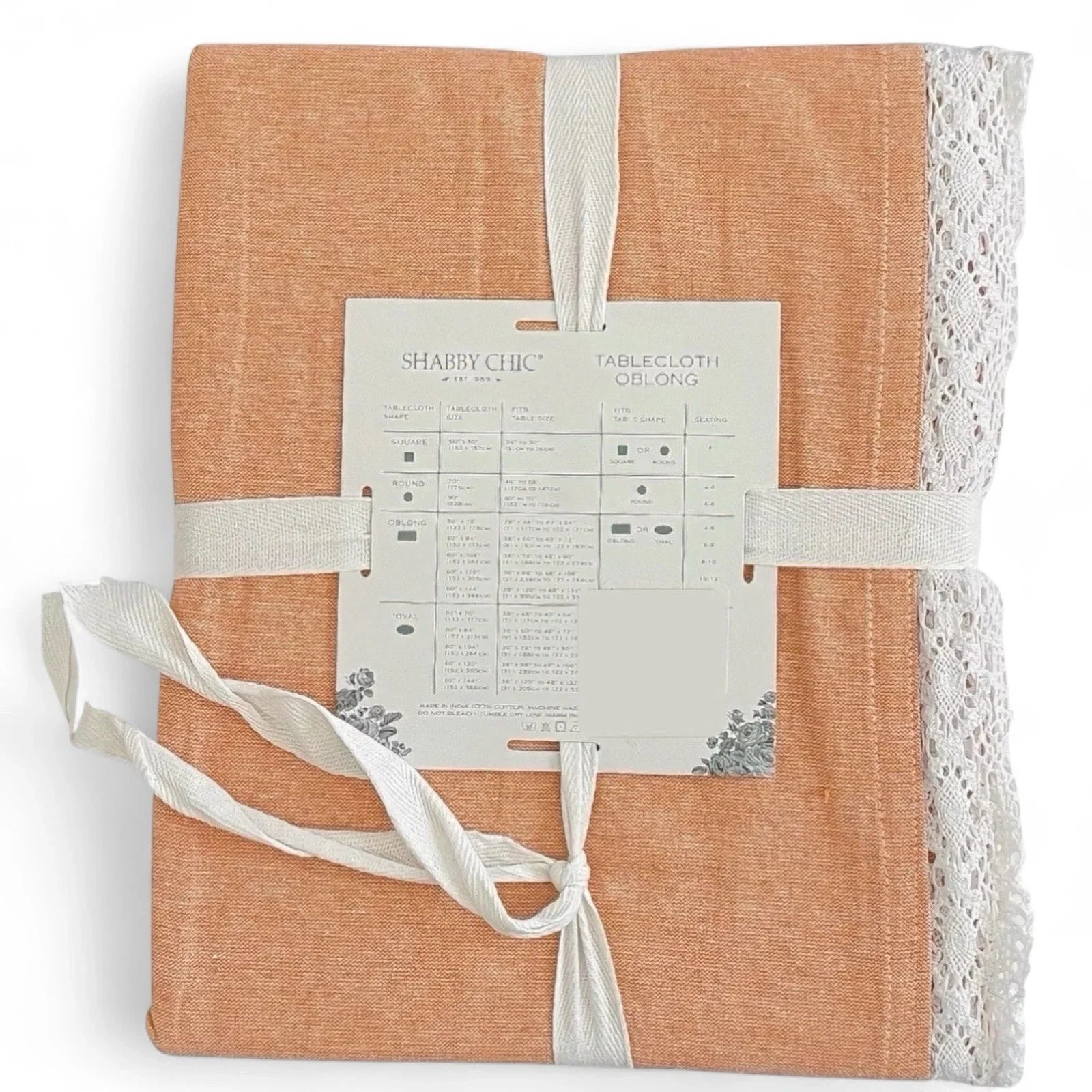 Shabby Chic Oblong Tablecloth 60x84 Peachy Vintage White Lace Trim 100% Cotton - Trendiez U ♥ 