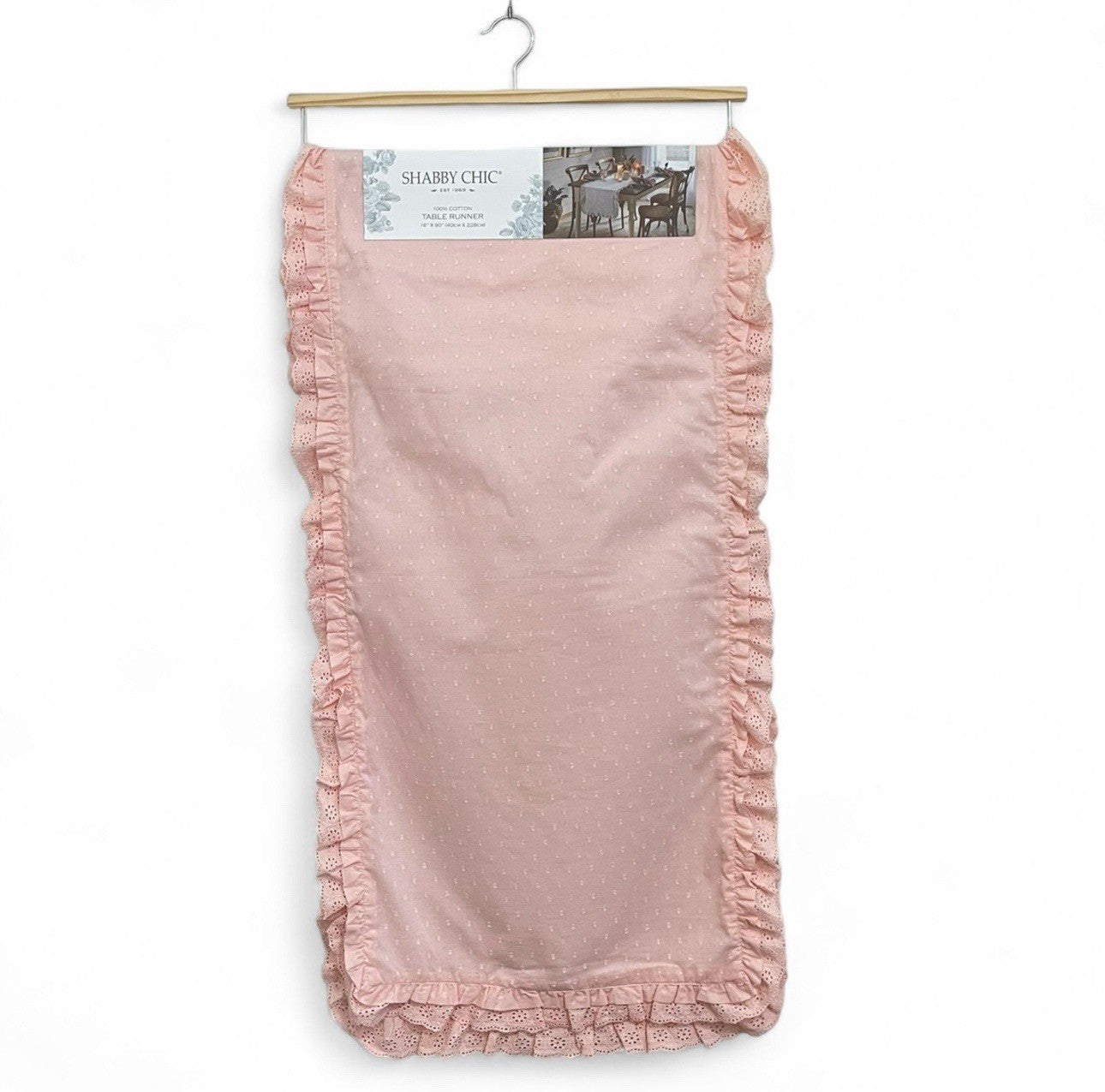 SHABBY CHIC Pink Table Runner Eyelet Lace Trim w Ruffles 16x90” Farmhouse - Trendiez U ♥ 