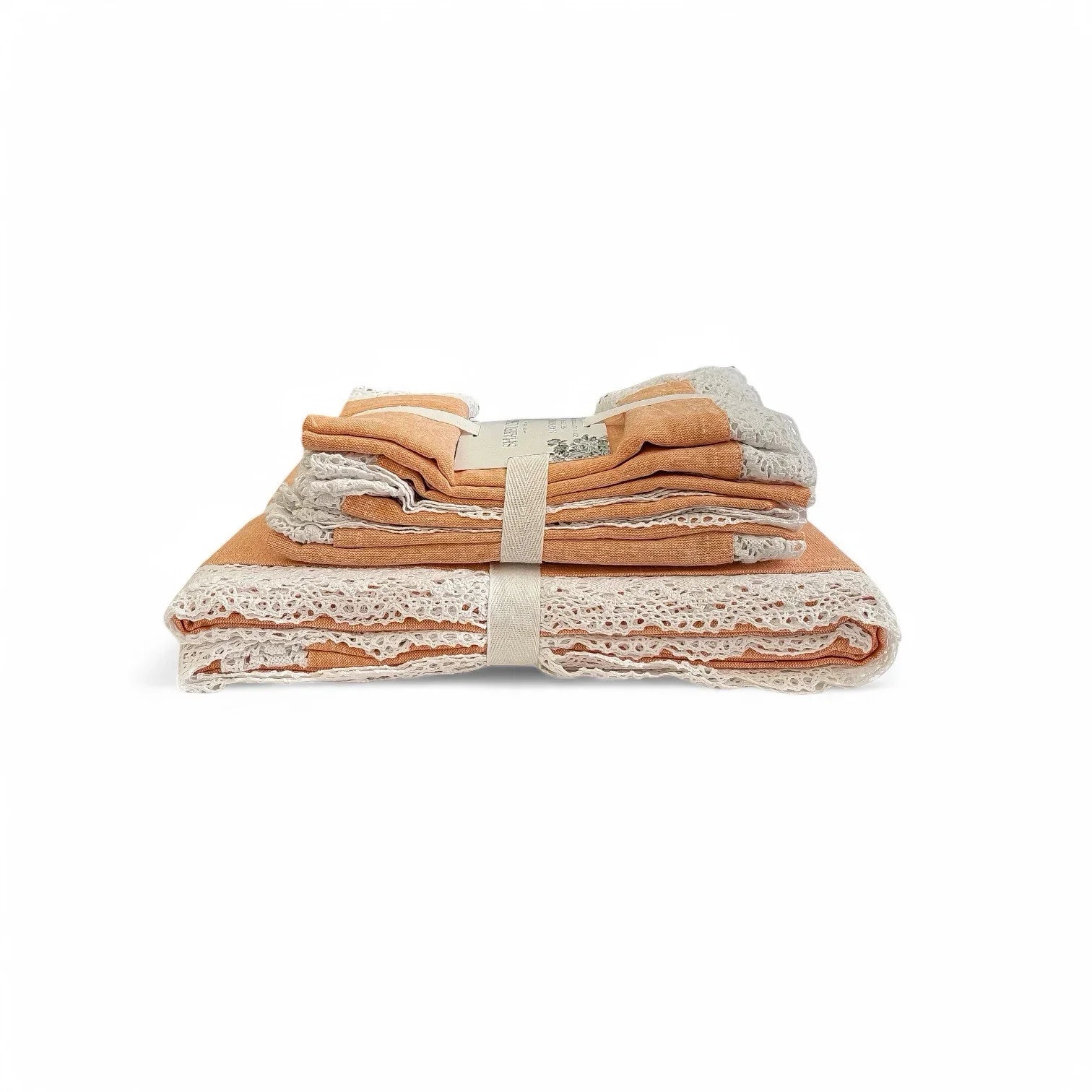 Shabby Chic Tablecloth & Napkin Set Apricot W/ White Crochet Cotton 60x84” 7pc - Trendiez U ♥ 