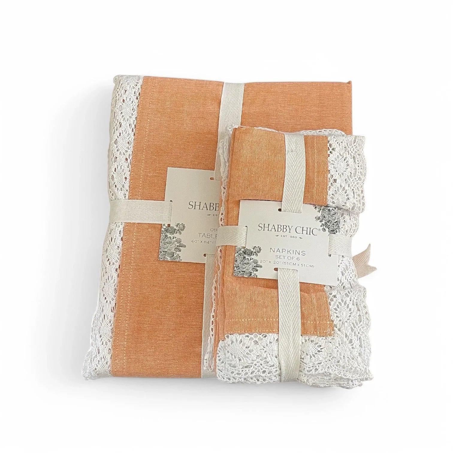 Shabby Chic Tablecloth & Napkin Set Apricot W/ White Crochet Cotton 60x84” 7pc - Trendiez U ♥ 