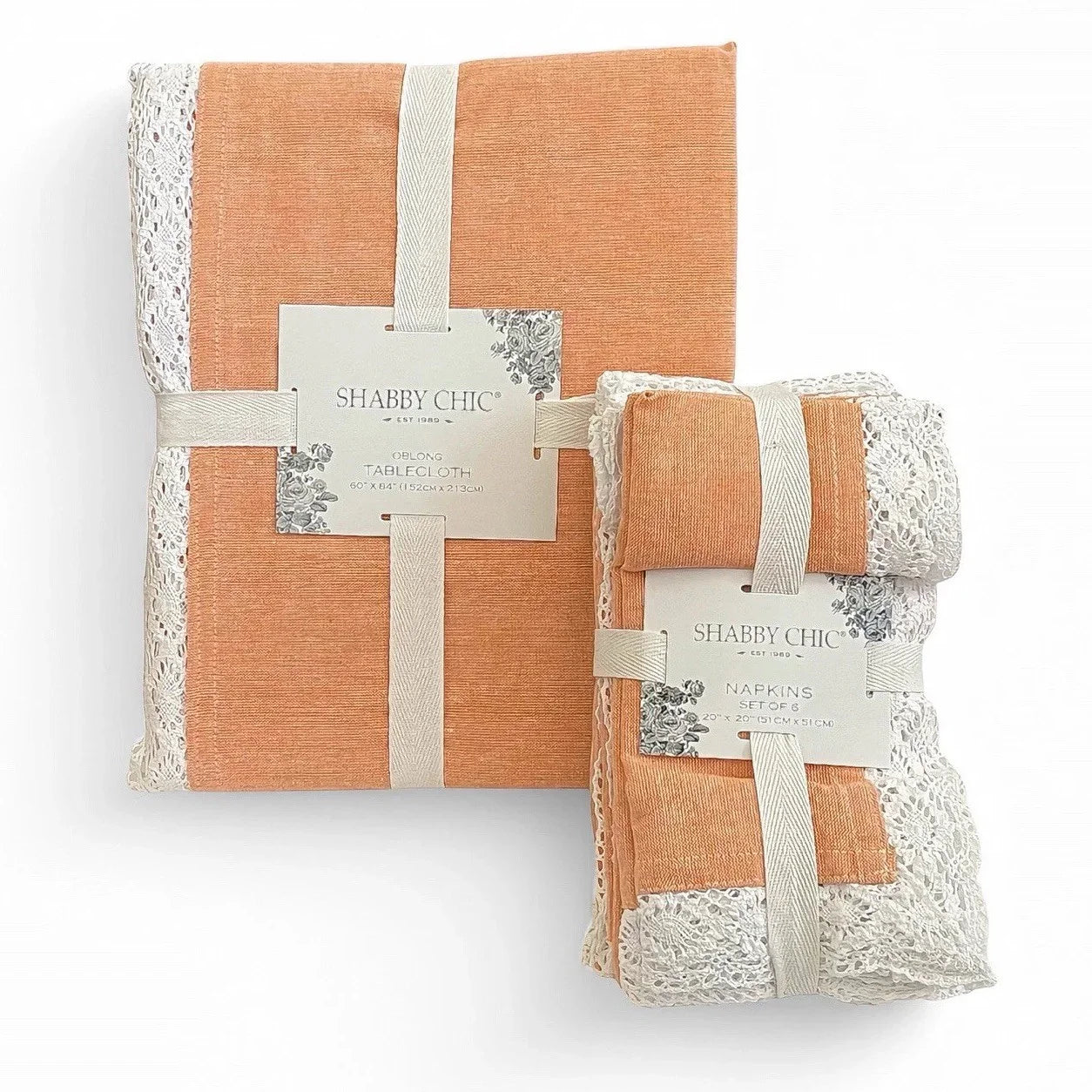 Shabby Chic Tablecloth & Napkin Set Apricot W/ White Crochet Cotton 60x84” 7pc - Trendiez U ♥ 