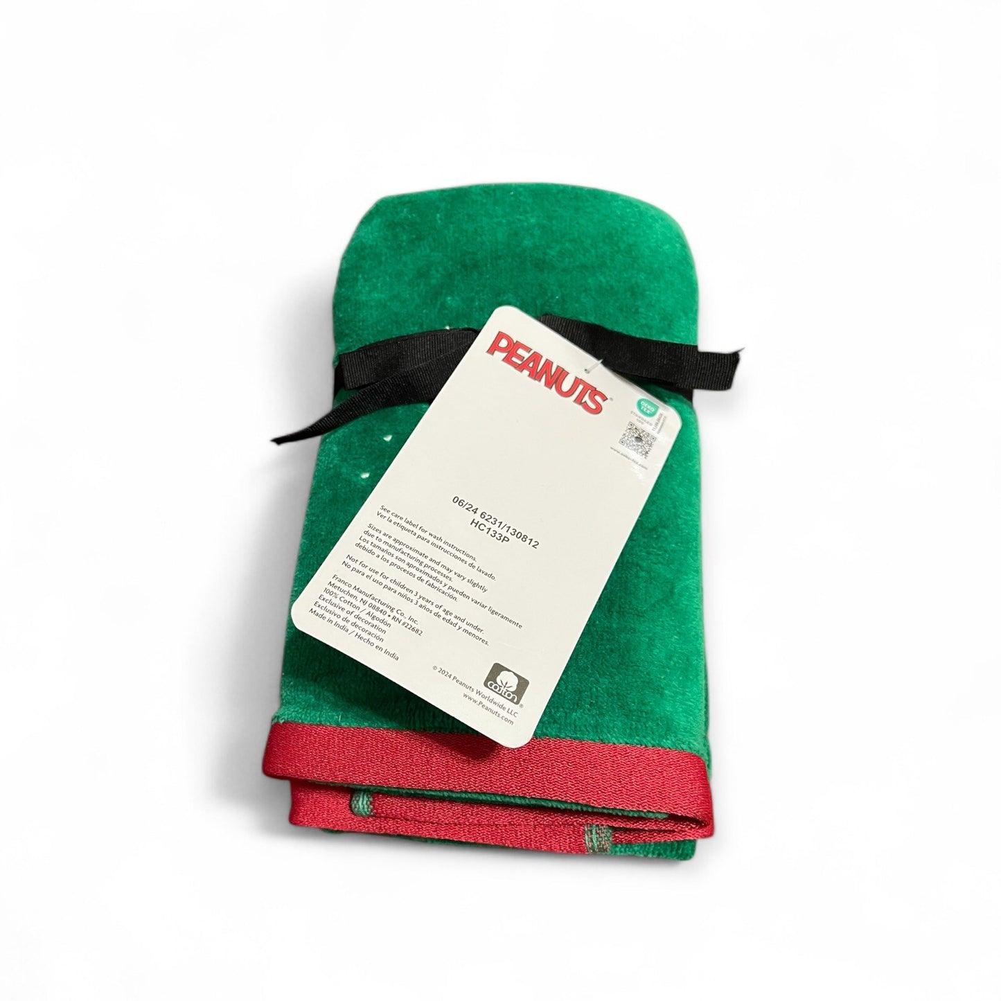 Snoopy Peanuts Christmas Cotton Velour Green Hand Towel Set of 2 Embroidered - Trendiez U ♥ 