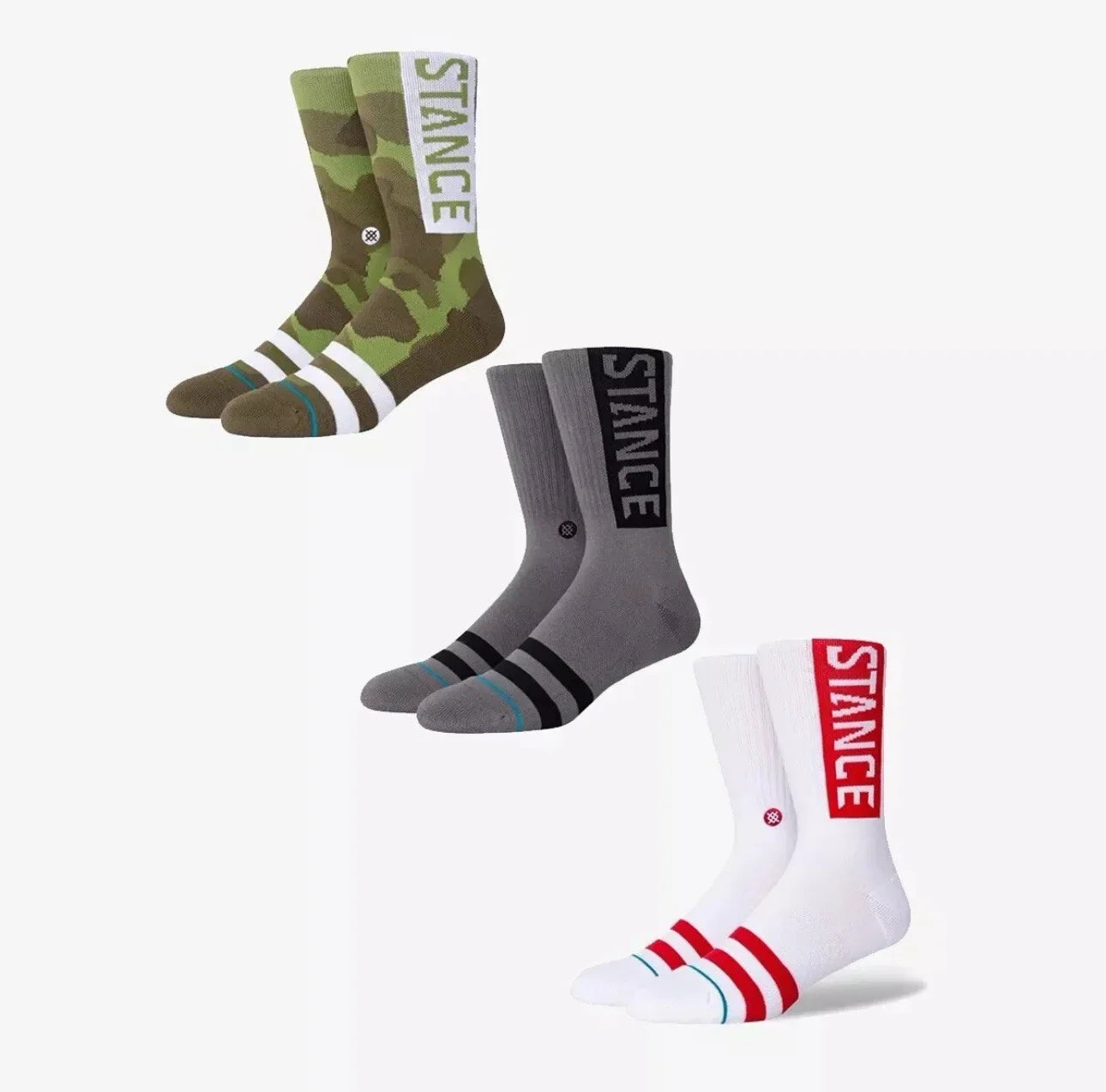 Stance The OG 3 Pack Casual Crew Socks - Camo, White/Red, Gray Size MEDIUM NWT - Trendiez U ♥ 