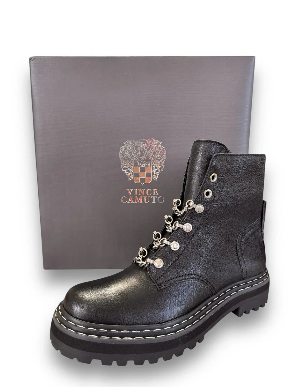 Vince Camuto Popinta Black Boot Soft Goat Side Zipper Rounded Toe Chain Detailed - Trendiez U ♥ 