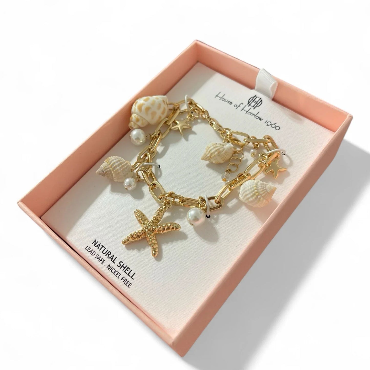 Viral House Of Harlow 1960 Charm Bracelet Paperclip Starfish Seashell Pearl Gold - Trendiez U ♥ 